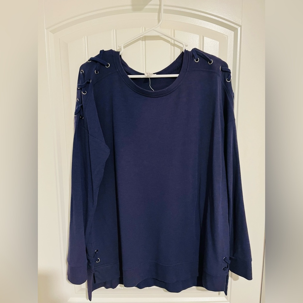 Boutique brand “Cable & Gauge” sweatshirt with tie detail. Color Blue. Size L
